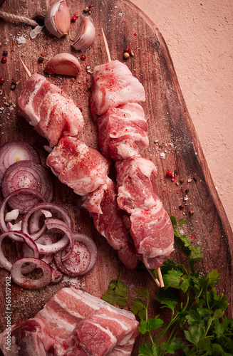 Raw pork meat, on wooden sticks, pickled kebab, with spices, top view, no people,