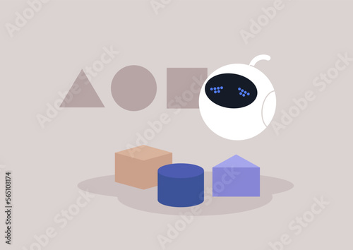 Cute upset robot trying to assemble a simple puzzle with triangle, square and round shapes