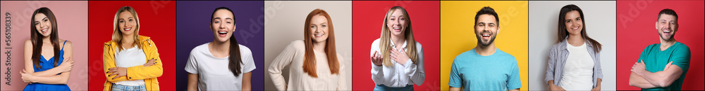 Collage with portraits of happy people on different color backgrounds Collage with portraits of happy people on different color backgrounds
