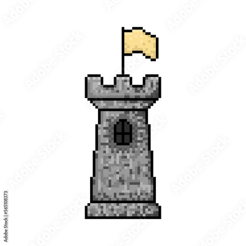 Pixel castle tower with flag icon. Color silhouette. Front side view. Editable pixels. Vector simple flat graphic illustration. Isolated object on a white background. Isolate.