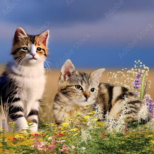  cute cat and dog on wild field with flowers and Autumn forest animal nature landscape generated ai