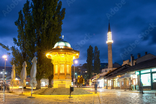 Sarajevo at night - Historic fount and Bascarsija - Sarajevo, Bosnia, and Herzegovina photo