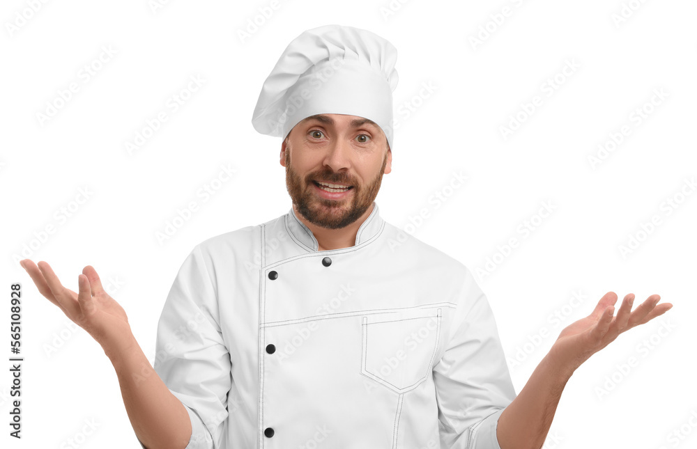 Puzzled mature male chef on white background Puzzled mature male chef on white background