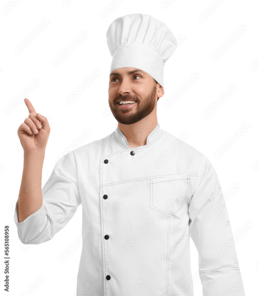 Smiling mature male chef pointing at something on white background Smiling mature male chef pointing at something on white background