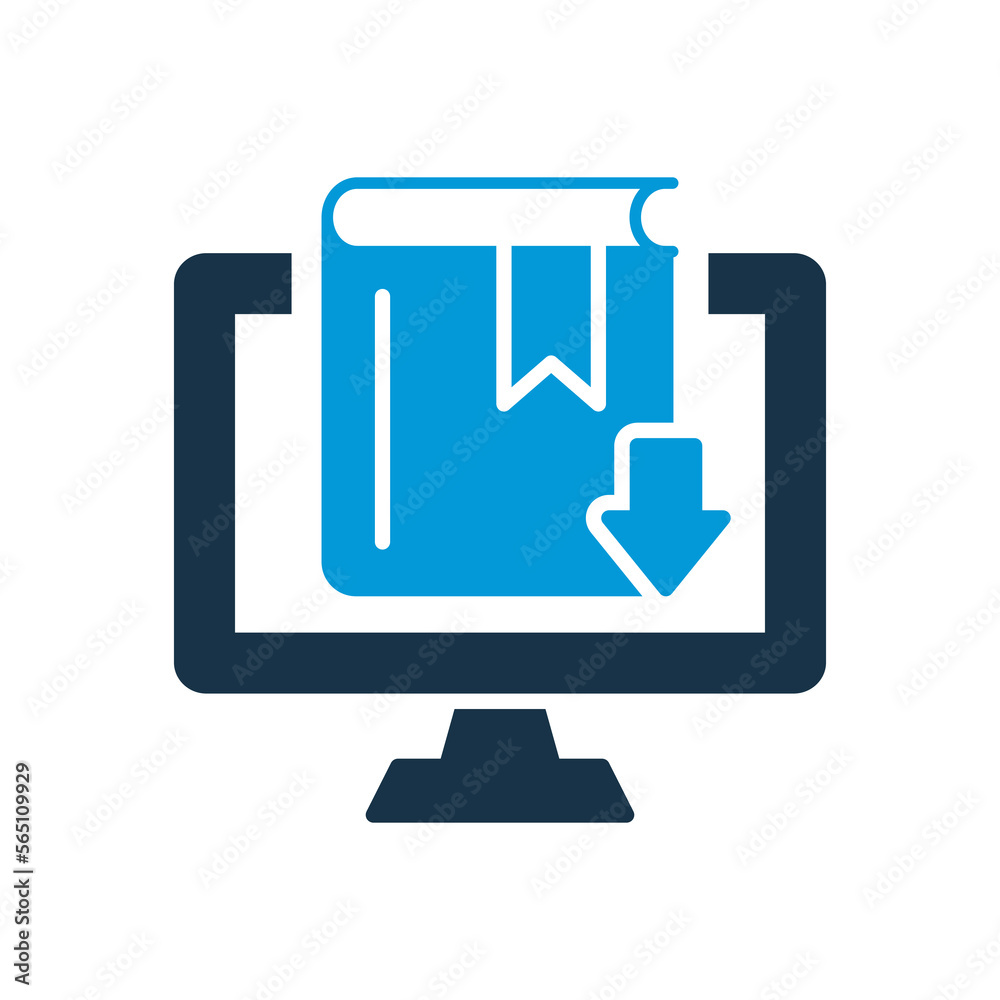 Online Library Silhouette Icon. Internet and Distance Education. Download Ebook concept. Elearning Resources. Download File, Information, Magazine or Tutorial. Vector Isolated Illustration