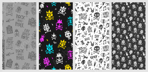 Rock n Roll and Punk elements on grunge style seamless pattern or endless background collection