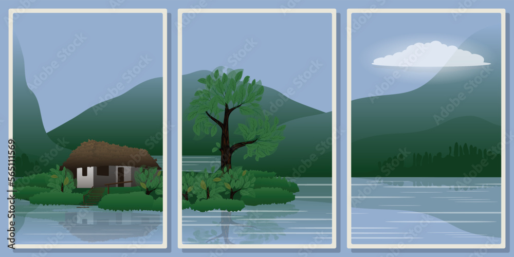 Frames with lake in the mountains and small house on the island, wall art vector set - for wall framed prints, canvas prints, poster, home decor