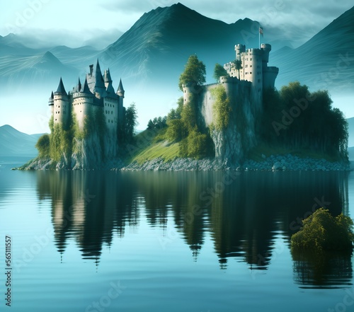 Castle on Island in Lake, Generative AI Illustration