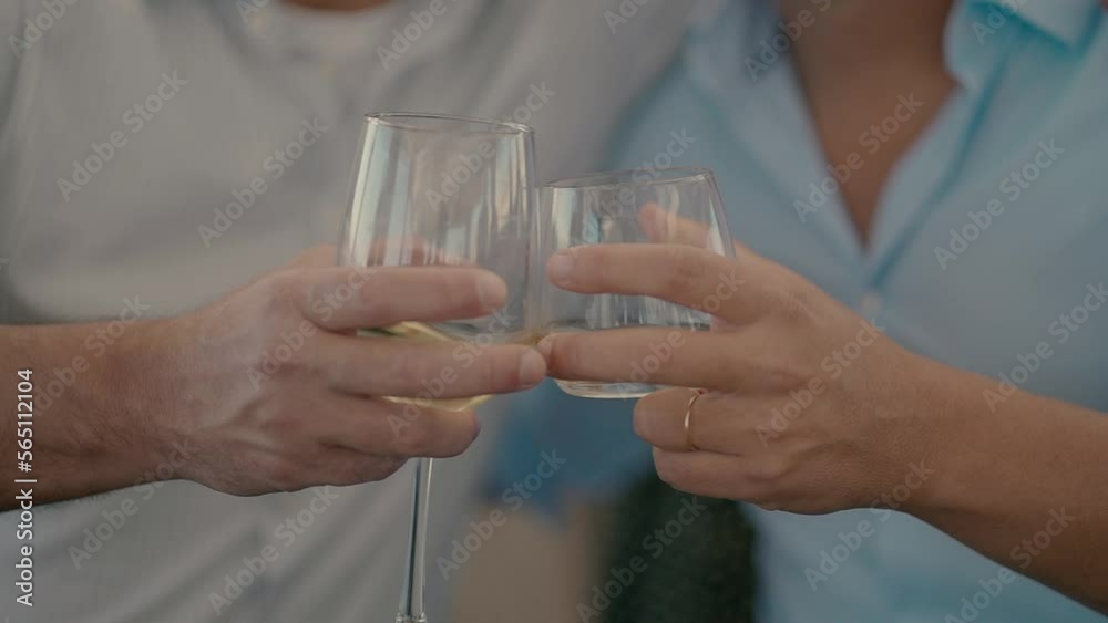 A close-up video shot of two men in a white shirt and a t-shirt clinking glasses. Cheers with a glass of wine and a glass of whiskey. A close-up video shot of two men in a white shirt and a t-shirt clinking glasses. Cheers with a glass of wine and a glass of whiskey.