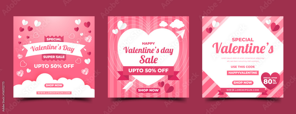 Valentine's sale square banner template design collection. Usable for social media post, card, and web