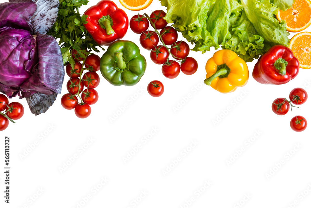 Fresh colorful organic vegetables on a isolated png background farming and healthy food concept copy space top view - obrazy, fototapety, plakaty 