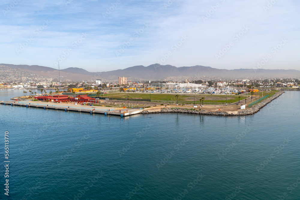 View from a cruise ship of the cruise passenger terminal, port and dockyards at the Ensenada, Mexico cruise port.