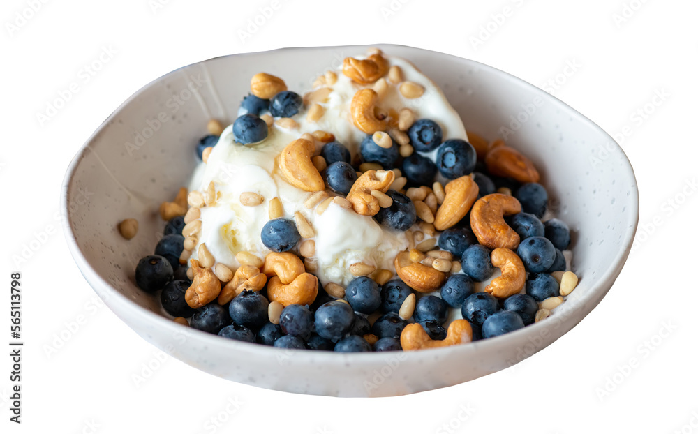 Ice cream berries cashew cedar blueberry and honey in the plate on isolated png background