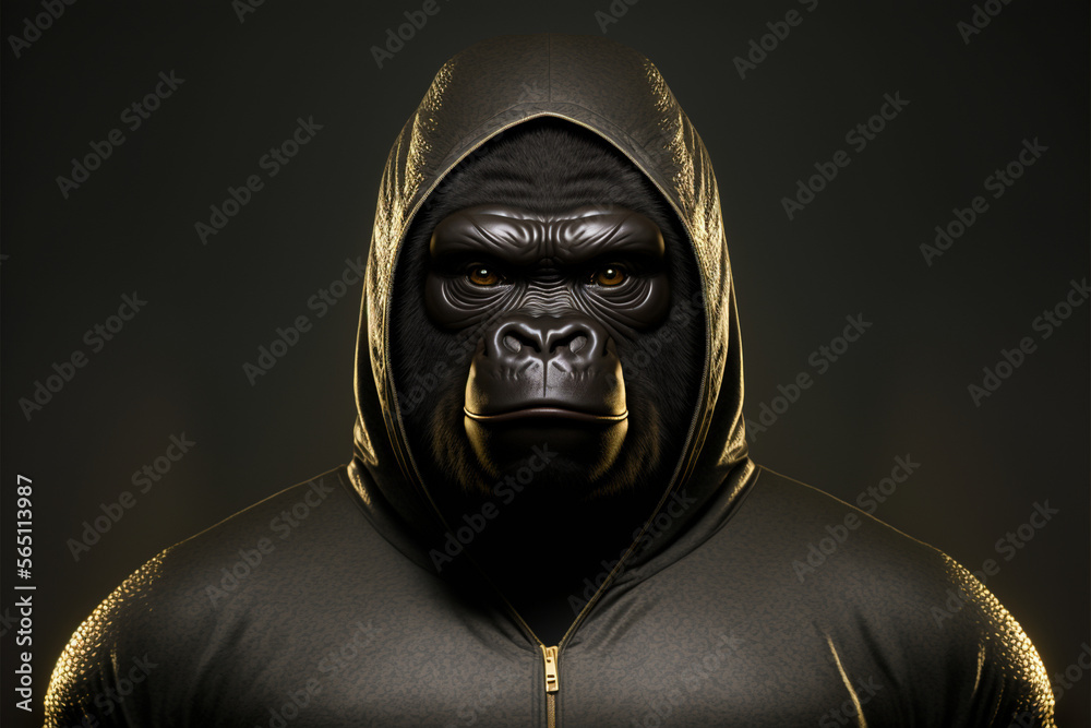 Portrait of a gorilla in a black tracksuit, anthropomorphic animal illustration, art generated by ai
