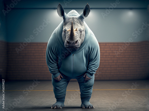 Portrait of a rhinoceros in a gray tracksuit, anthropomorphic animal illustration, art generated by ai