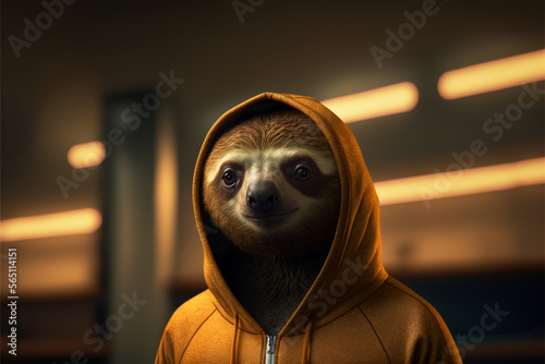 Fototapeta Naklejka Na Ścianę i Meble -  Portrait of a sloth in an orange tracksuit, anthropomorphic animal illustration, art created by ai