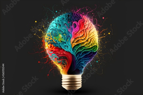 A colorful abstract digital desing of a brain as a lightbulb photo