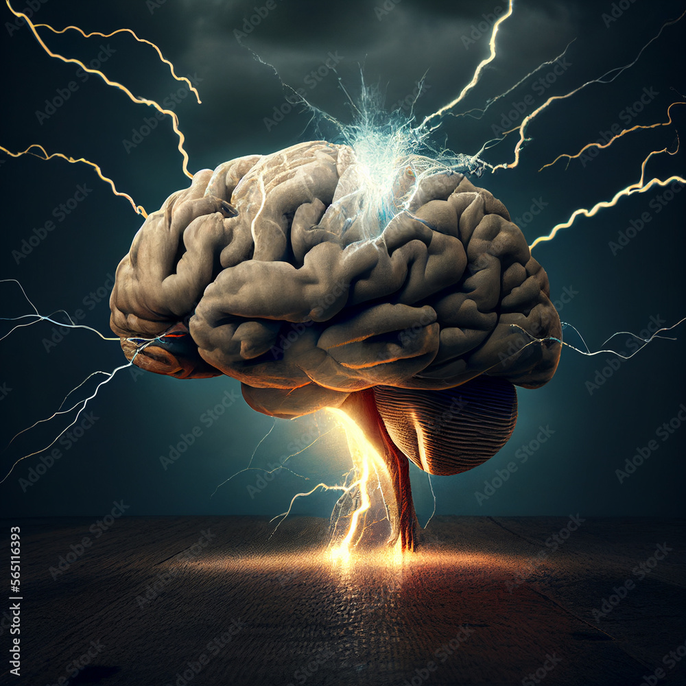 Brainstorming. Human brain and lightning . Person amidst storm and ...
