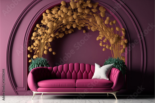 Living room interior mock up, modern furniture, colors Viva magenta sofa, Viva magenta wall color. Viva magenta is a trend colour year 2023 photo