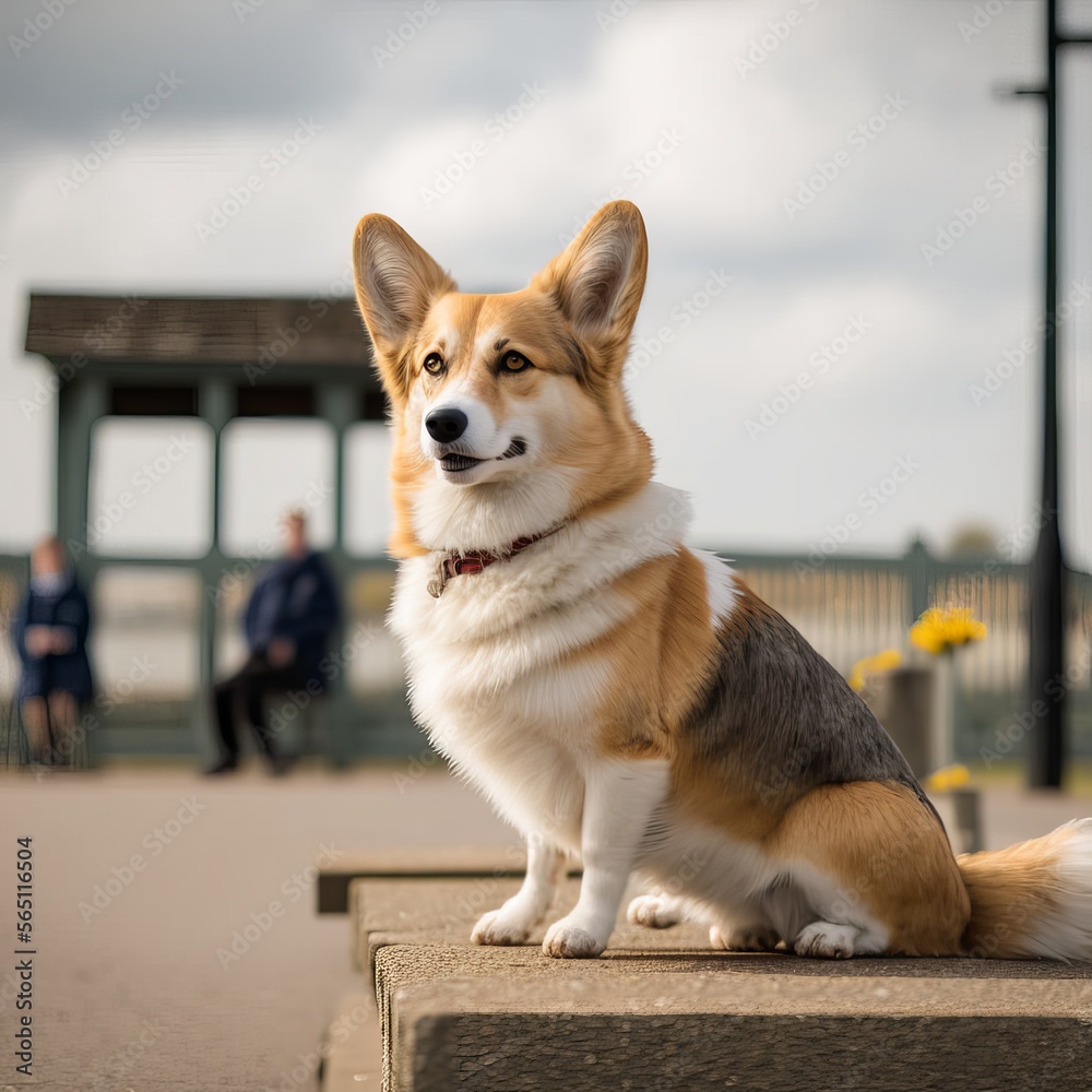Portrait of corgi dog at the beach. Dog sitting on the bench. Generative AI.