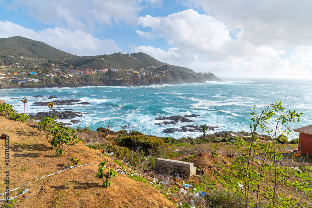 The rocky, scenic coastline along the Pacific Ocean at the cape of Punta Banda, southwest of the city of Ensenada, Mexico.