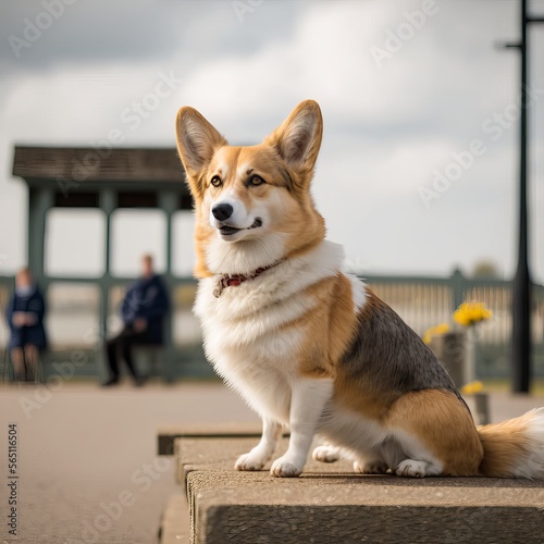 Portrait of corgi dog at the beach. Dog sitting on the bench. Generative AI.