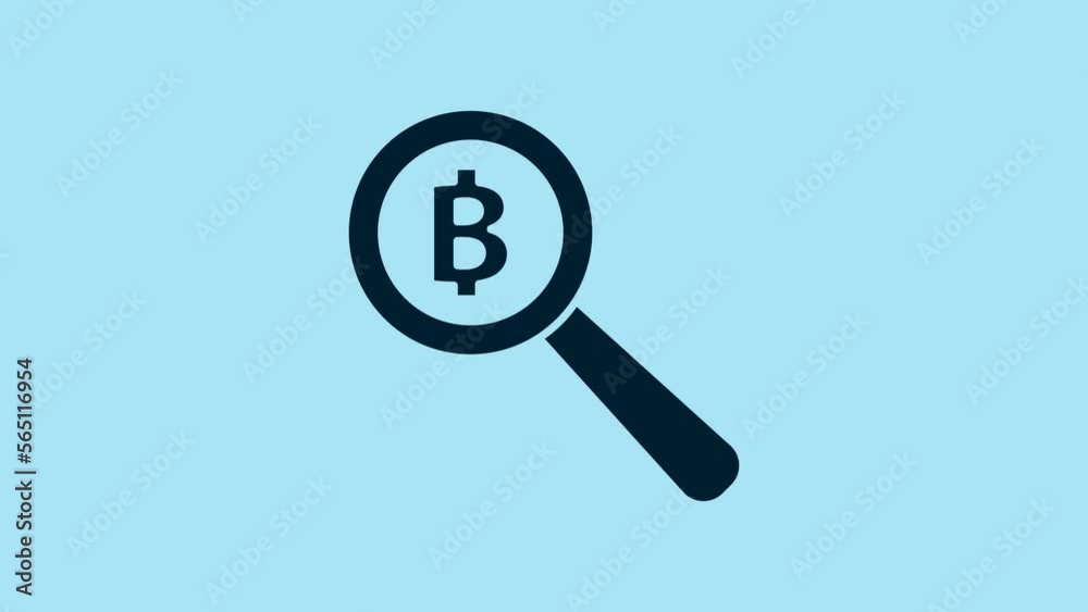 Blue Magnifying glass with Bitcoin icon isolated on blue background. Physical bit coin. Blockchain based secure crypto currency. 4K Video motion graphic animation Blue Magnifying glass with Bitcoin icon isolated on blue background. Physical bit coin. Blockchain based secure crypto currency. 4K Video motion graphic animation