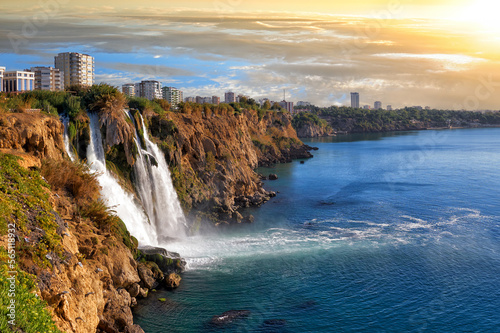 Picturesque morning landscape of the Lower Duden waterfall and Mediterranean Sea in the Antalya city
