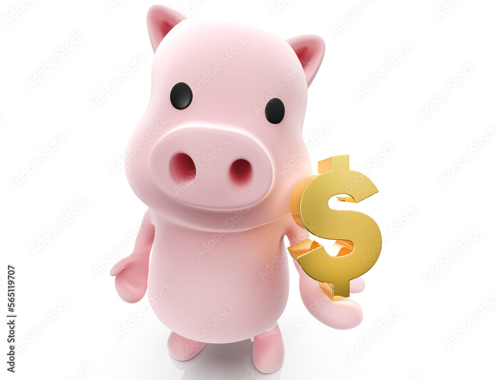 3D Pig Character with Dollar Symbol Isolated on White Background 3D Pig Character with Dollar Symbol Isolated on White Background