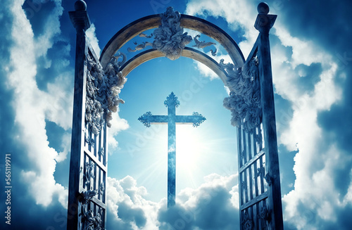 Illustration of a large cross at the gates of heaven. The gates are open in the clouds. Religion concept. Illustration created with generative artificial intelligence.