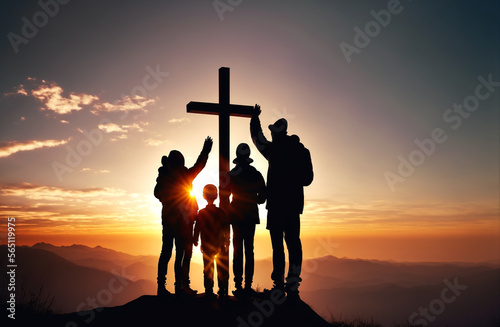 Silhouette of a family under a Christian cross placed on top of a mountain. The sun sets in the background. Illustration created with generative artificial intelligence.