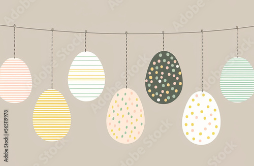 Illustration of Easter eggs hanging on a string. Illustration created with generative artificial intelligence.