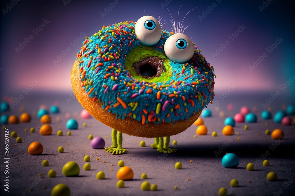 Cartoon Donut lustig Dargestellt in bunten Farben und großen Augen, ai