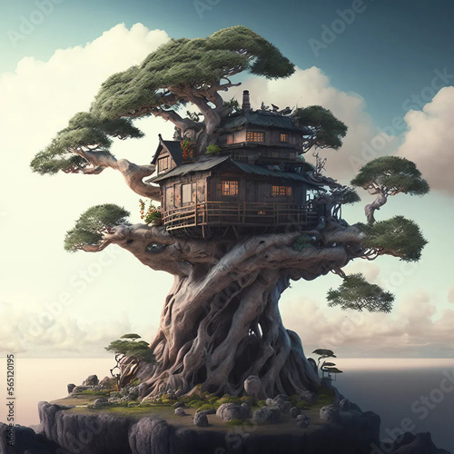Giant bonsai tree with japonese house on paradise realist, Generative AI	 photo