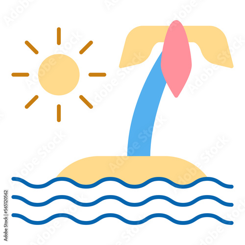 Desert island with a palm tree in the middle of the ocean  waves and sun  - icon  illustration on white background  flat color style