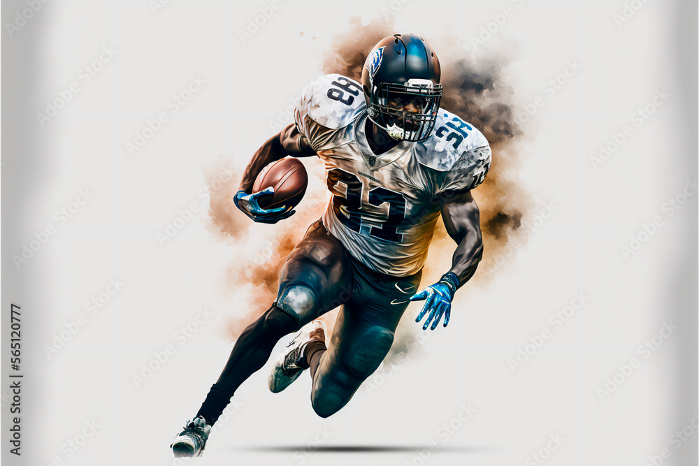 American football player running on white background.AI Generative content