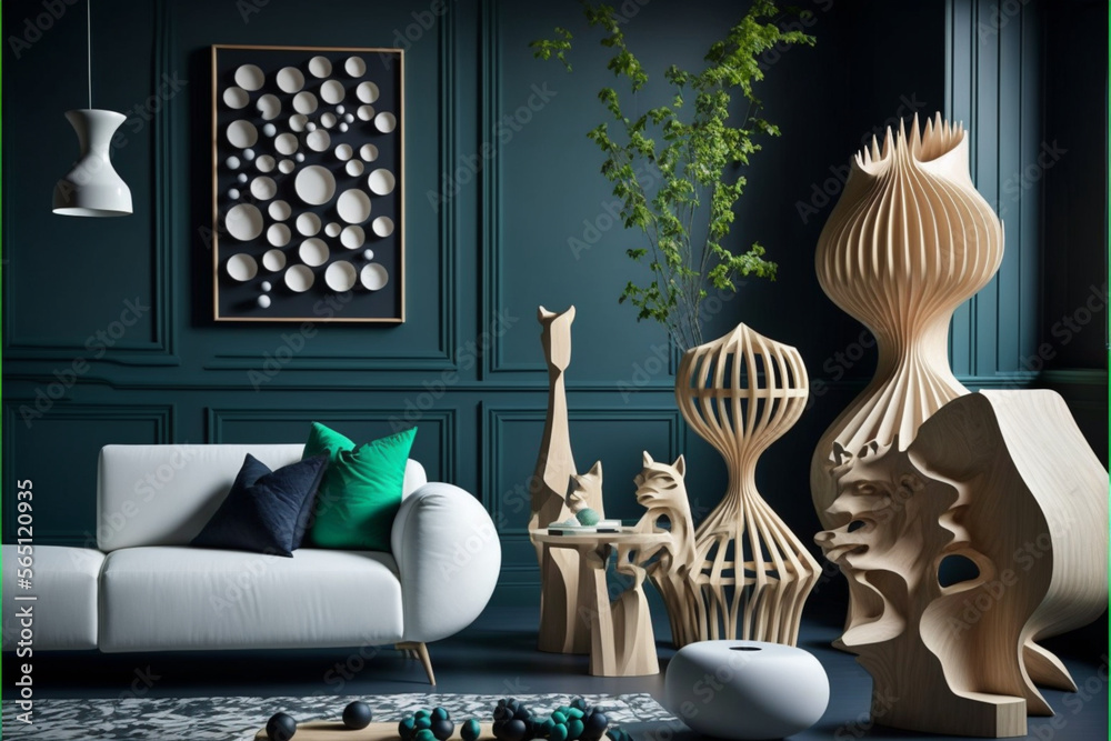 modern living room with green walls and many sculptures of abstract ...