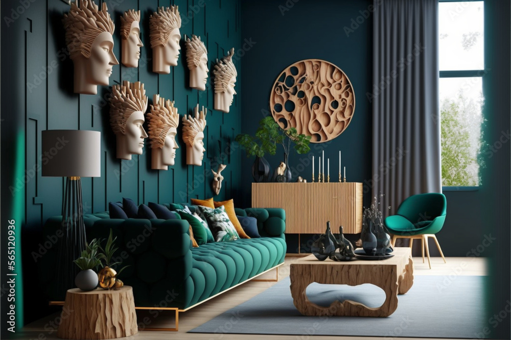 modern living room with green walls and many sculptures of abstract ...
