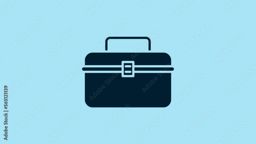 Blue Case or box container for wobbler and gear fishing equipment icon isolated on blue background. Fishing tackle. 4K Video motion graphic animation Blue Case or box container for wobbler and gear fishing equipment icon isolated on blue background. Fishing tackle. 4K Video motion graphic animation