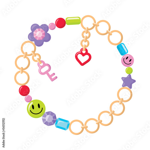 Cute jewelry plastic bracelet or necklace. Gold chain and colorful beads. Trendy summer accessories