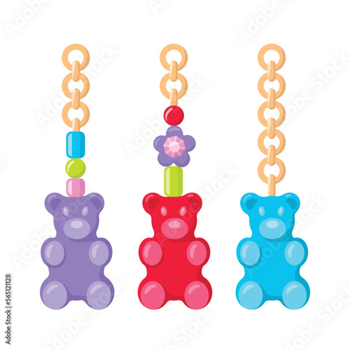 Gold chain with plastic beads gummy bear pendants or keychain. Colorful jewelry Y2k flat design, vector illustration.