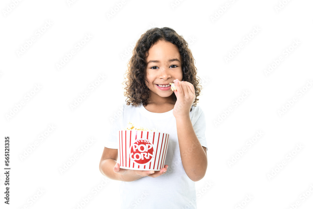 Portrait of funny little children girl watching entertaining comedy with popcorn on studio Portrait of funny little children girl watching entertaining comedy with popcorn on studio