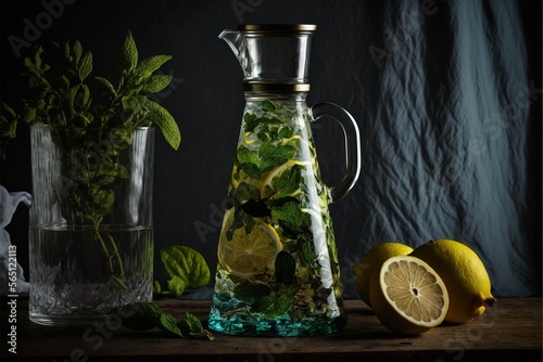 Glas Karaffe mit Wasser und Zitrone, ai generativ photo