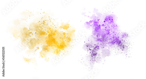 colorful watercolor stains and splashes (yellow, purple) with grunge style rough strokes and edges, brush stroke and paint texture - isolated on white background vector illustration