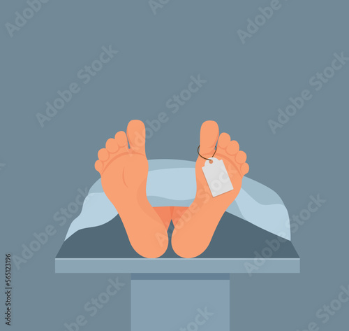 Interior of morgue. Dead bodies laying in the mortuary.Mortuary room 2D cartoon interior with wheeled bed and equipment for autopsy and embalming on background. Flat cartoon vector illustration