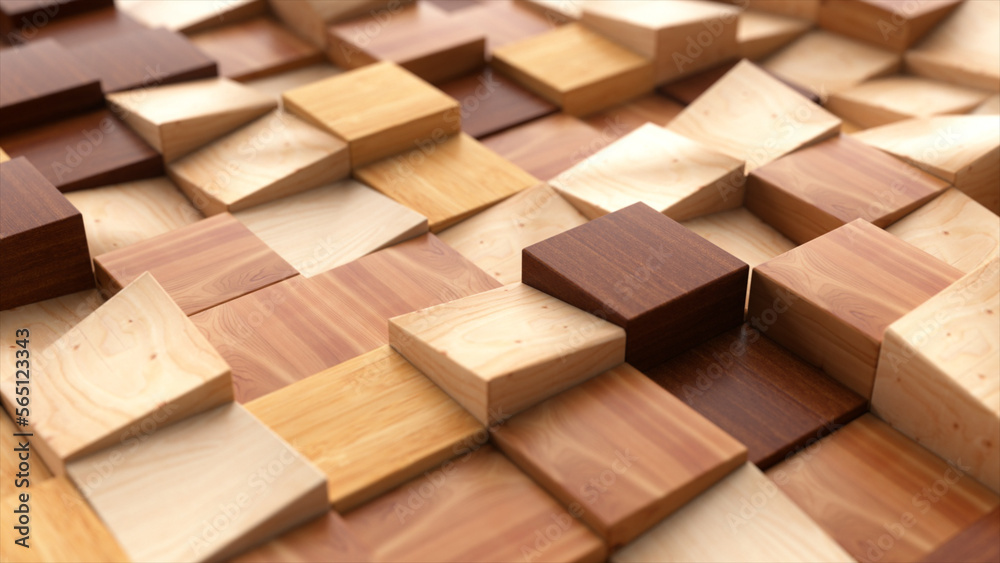 Wooden square parts of the mosaic have different heights. Smooth geometric objects. Dark and light wood. Wooden square parts of the mosaic have different heights. Smooth geometric objects. Dark and light wood.