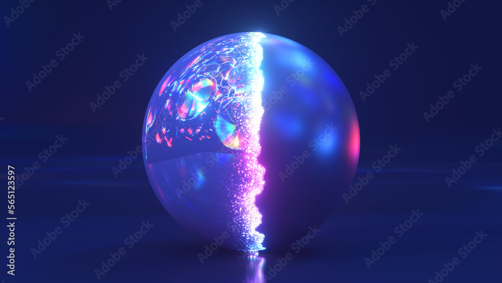 The shiny sphere changes its shell. Under the blue shell, a crystal rainbow ball appears. Blue neon color. Particles. The shiny sphere changes its shell. Under the blue shell, a crystal rainbow ball appears. Blue neon color. Particles.