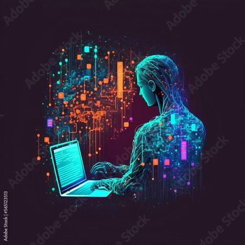 Person using PC on internet with higth tecnology colored and ilustrative, Generative AI photo