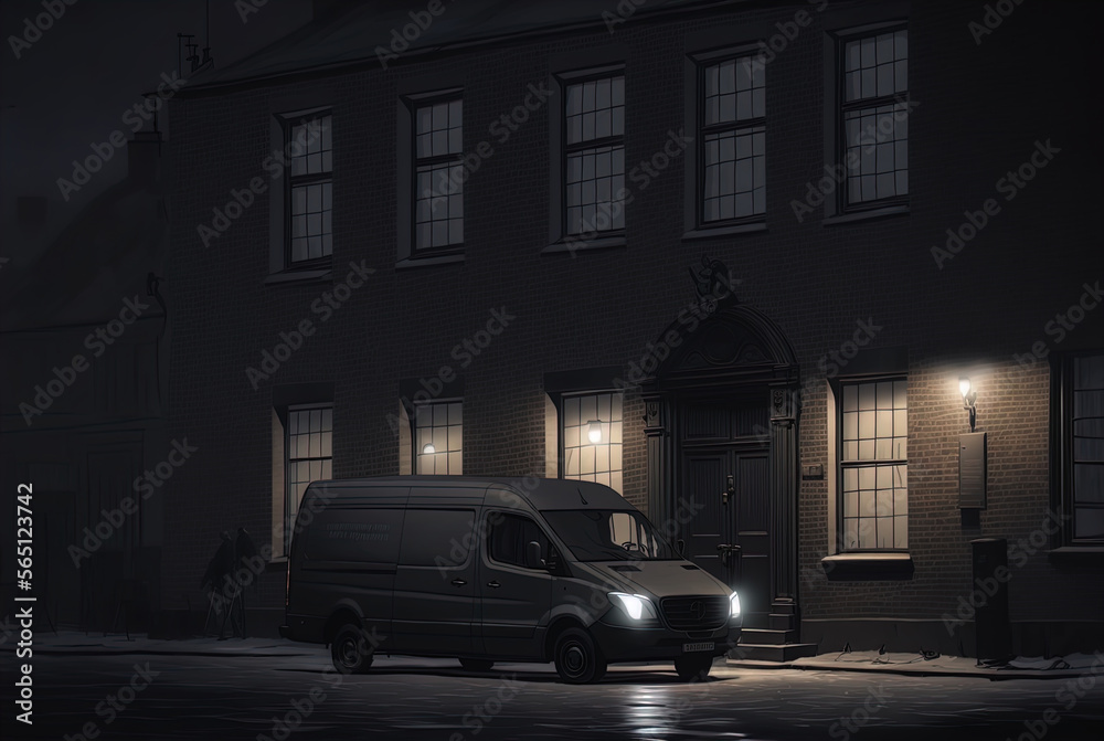 A mysterious van parked at night. Made with Generative AI.	