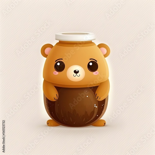  a bear holding a pot of food in its paws and a white cap on its head, sitting on a beige background with a white stripe around the edge and a light area for text.  generative ai photo